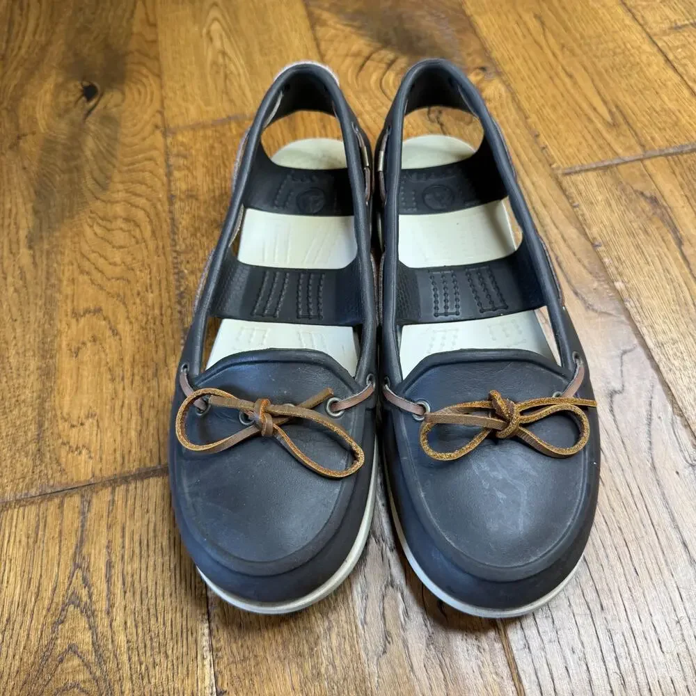 CROCS Womens 9 Beach Line Slip-On Boat Shoe Loafer Brown/White Nautical Comfort - Picture 2 of 5